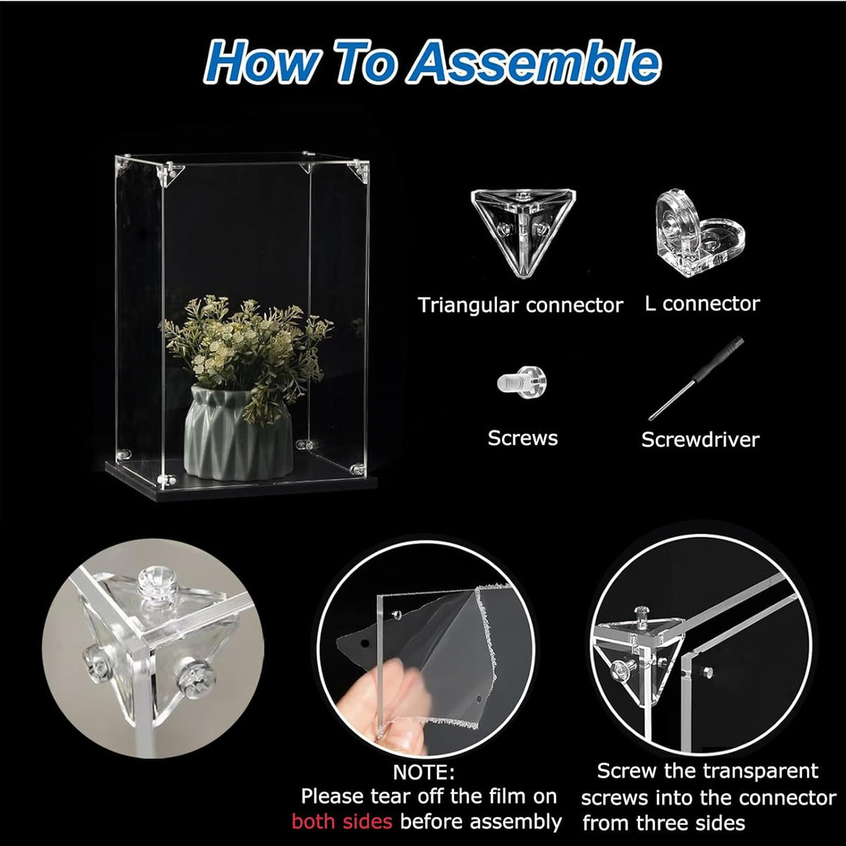 Acryl vitrinekast, acryl displaybox met zwarte basis, stofdicht, transparante displaycase, voor verzamelfiguren, poppenspeelgoed, modellen auto's (60 x 40 x 30 cm)