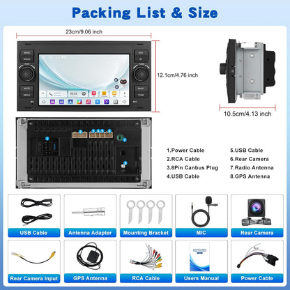 2G+64G Android Car Stereo for Ford Transit Fiesta Focus Galaxy Mondeo Fusion Kuga C-Max S-Max with Wireless Carplay & Android Auto, Touch Screen Car Radio with WiFi, GPS Navigation, Bluetooth, FM RDS