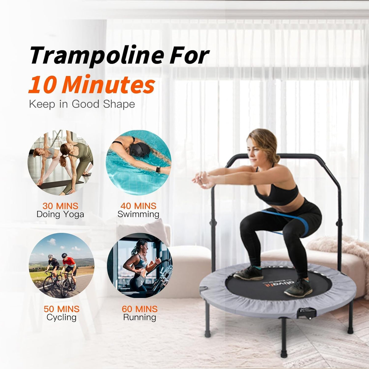 ATIVAFIT 102 cm opvouwbare trampoline met verstelbare schuimrubberen handgreep voor binnengebruik door volwassenen Ideaal voor fysieke fitnesstraining binnenshuis Thuis sporten
