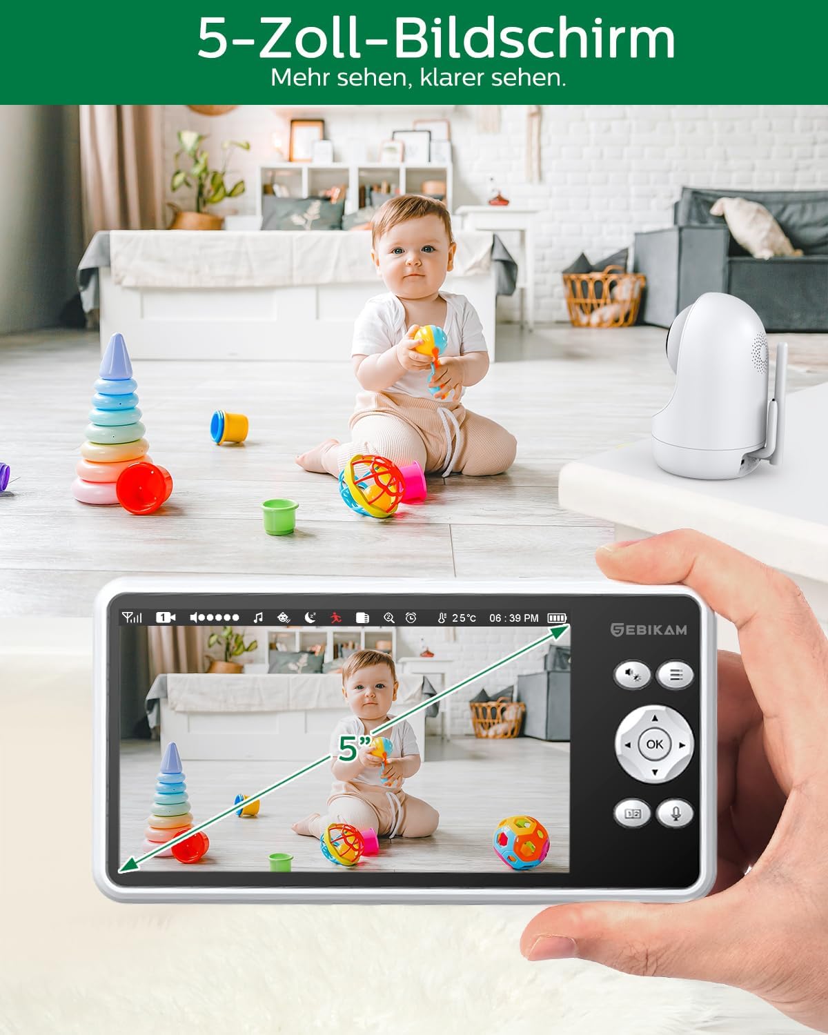 Babyfoon – Baby Monitor – Kinderopvang Monitor – Video Babyfoon – Draadloze Babycamera – 5 Inch 720P HD IPS Scherm – 4000mAh Batterij Met VOX-Modus
