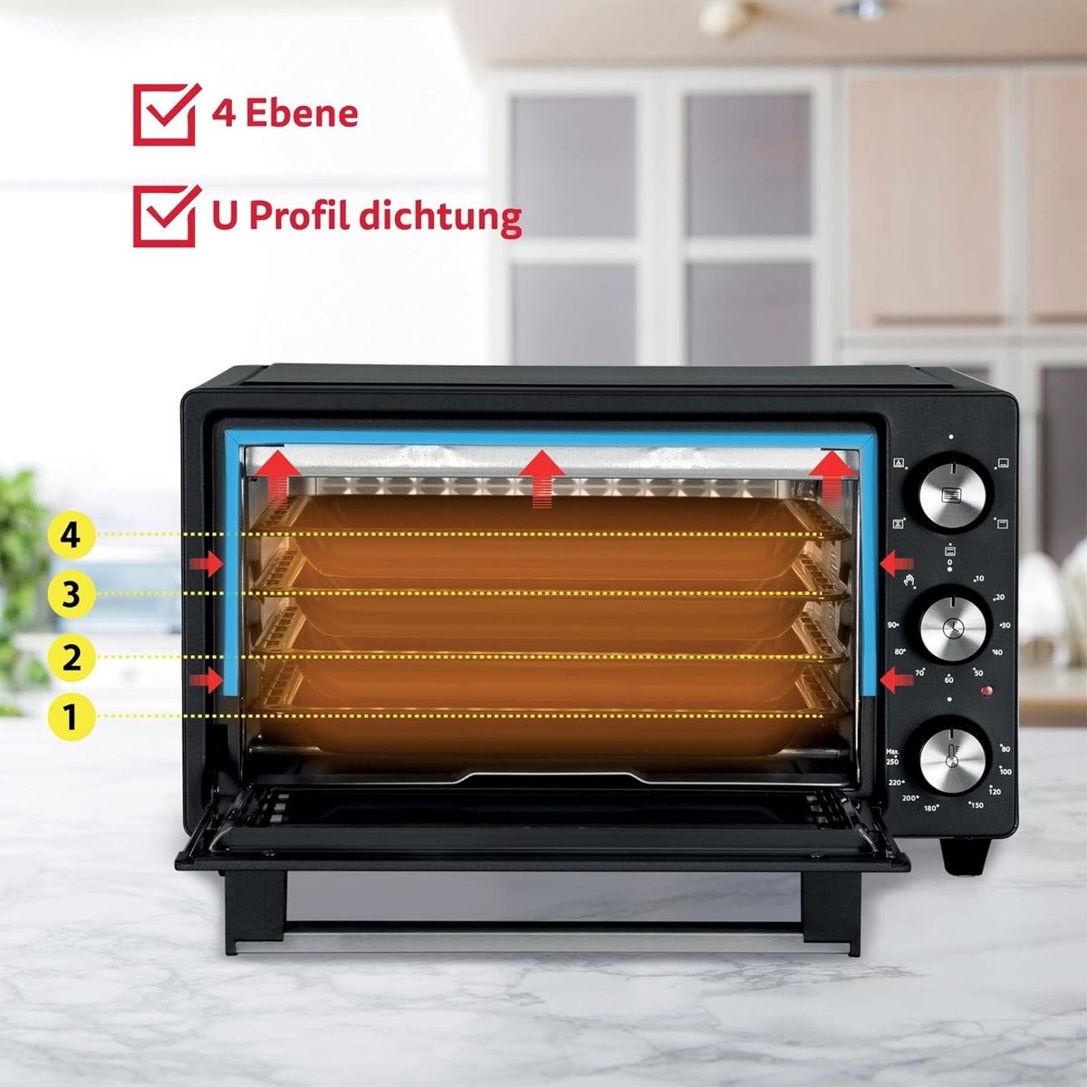 ICQN Minioven 20L, pizzaoven, boven-/onderwarmte met circulatiefunctie, 5 grill-functies, 90 minuten timer, 1500 W, mini-oven, 80 °-250 °C, bakplaat/grill/kruimelplaat en plaathouder, zwart