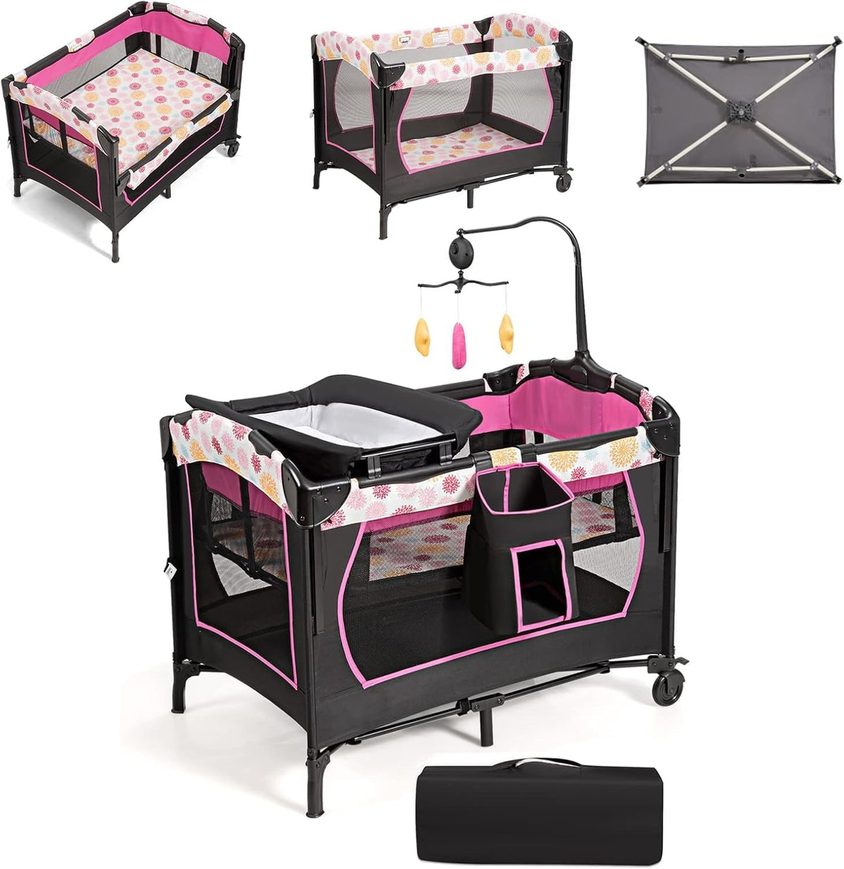 FANTASK 4-in-1 inklapbaar reisbed tot 15 kg, mobiele wieg, bijzetbed & commode & box, 2 niveaus babybed in hoogte verstelbaar met draagtas, matras en muziekdoos