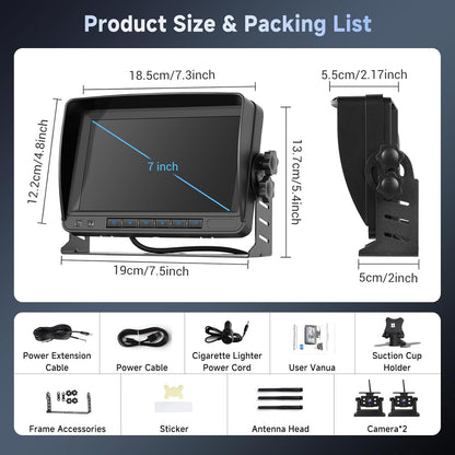 Hodozzy Draadloze achteruitrijcamera met zonne-energie, 2 camera's, magnetische radio, 1080p nachtzicht, 7 inch waterdicht monitor, loopopname, auto cameraset voor camper