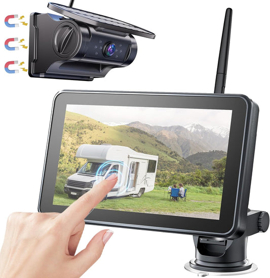 OBEST Draadloze achteruitrijcamera, magnetisch, met 9600 mAh accu, 7 inch touchscreen-monitor, ondersteunt tot 4 kanalen, IP69 waterdicht, doe-het-zelf installatie, voor caravan, vrachtwagen, auto