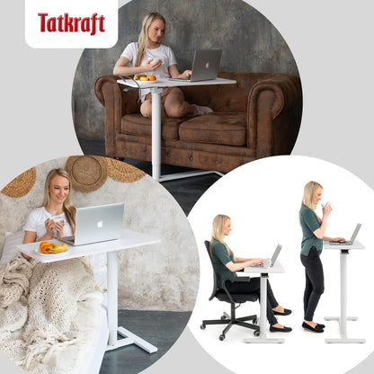 Tatkraft Relax Airlift Pneumatisch zit-sta laptopbureau met wielen, in hoogte verstelbaar 29-45 inch Moeiteloze gasliftregeling, thuiskantoor mobiele rollende laptopstandaard, groot tafelblad, wit
