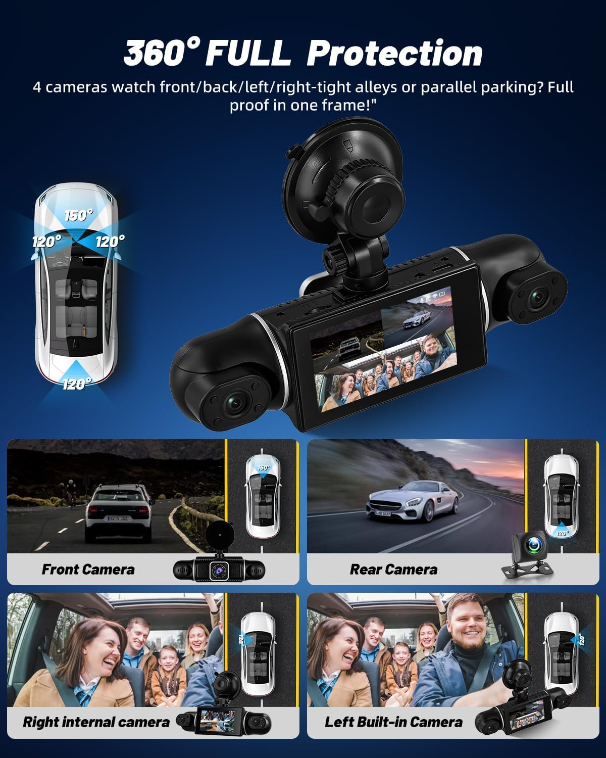 NHOPEEW 3 inch WiFi 2K Dashcam Auto DVR 4-kanaals 360° camera binnen links/rechts + achter 1080p nachtzicht, G-sensor, loop-opname
