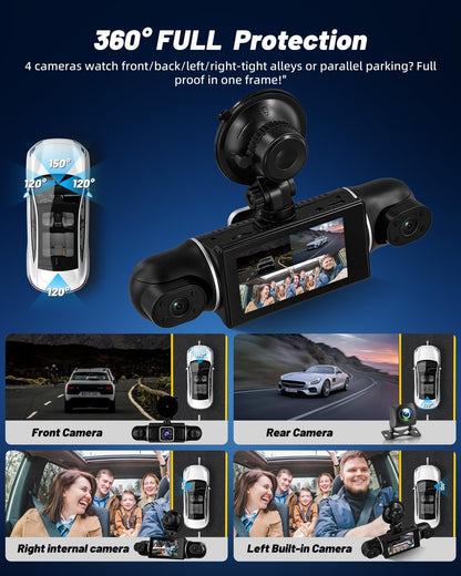 NHOPEEW 3 inch WiFi 2K Dashcam Auto DVR 4-kanaals 360° camera binnen links/rechts + achter 1080p nachtzicht, G-sensor, loop-opname