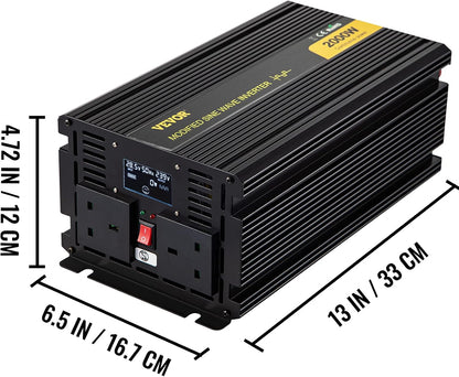 VEVOR Zuivere Sinusomvormer 2000W Digitale Auto-Omvormer 24V Gemodificeerde Sinus Omvormer Ideaal Voor Een Cadeau Mobiele Telefoon Laptop Elektrisch Licht Digitale Camera Borstkolf TV Magnetron Enz