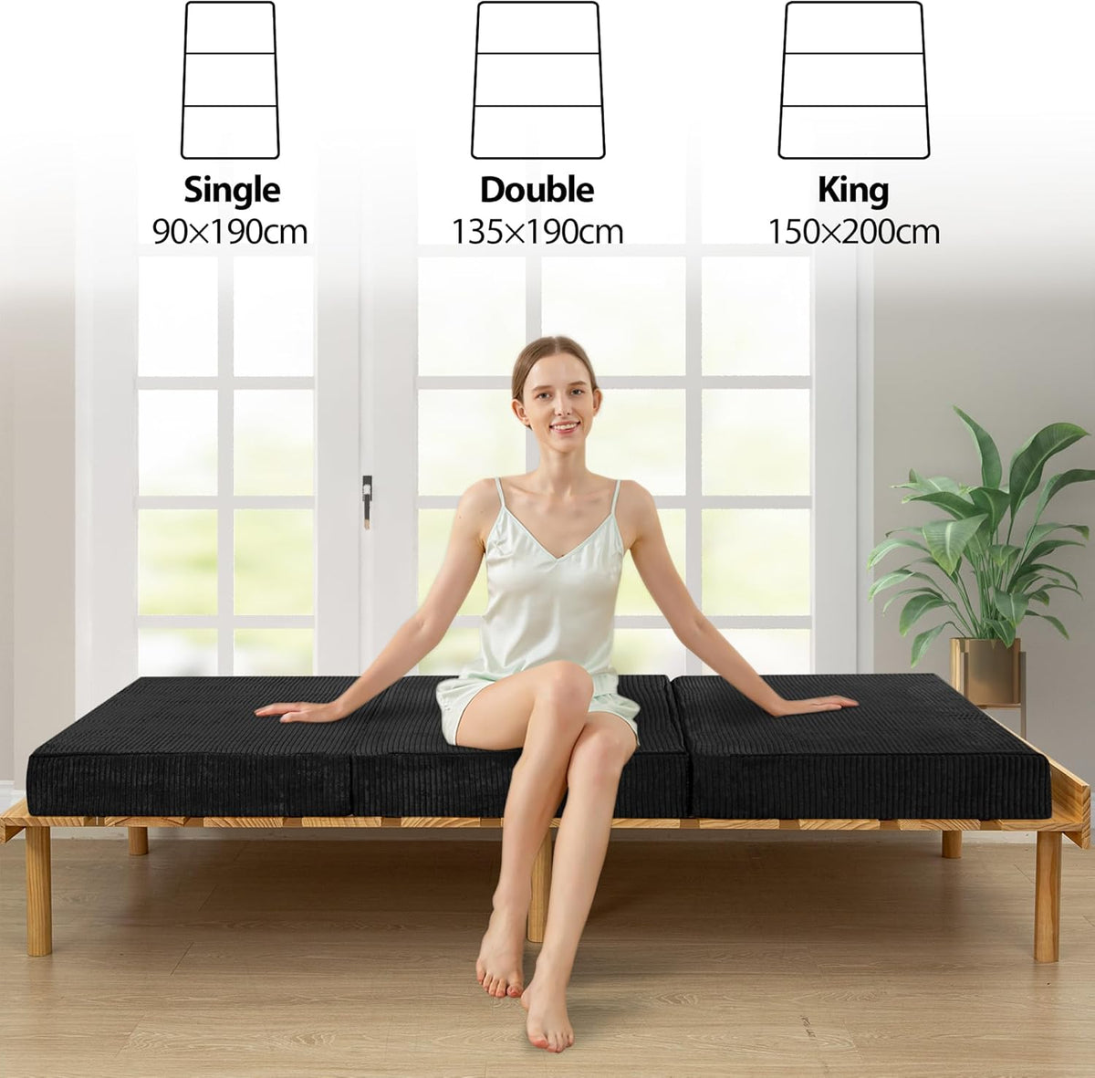 MAXYOYO Opvouwbare corduroy matras, drievoudig gevouwen vloermat, dik, met wasbare overtrek, ruimtebesparend voor gasten (zwart, 135 x 190 cm - 10 cm)
