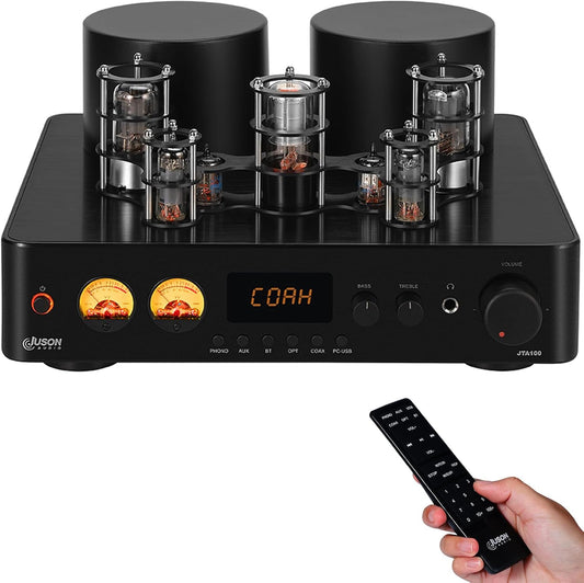 Juson Audio JTA100 200 W vacuümbuisversterker, geïntegreerde hybride met BT 5.0, Optisch AUX RCA Phono-ingang en hoofdtelefoonuitgang, 2.1CH Class AB, hifi home audio voor platenspeler
