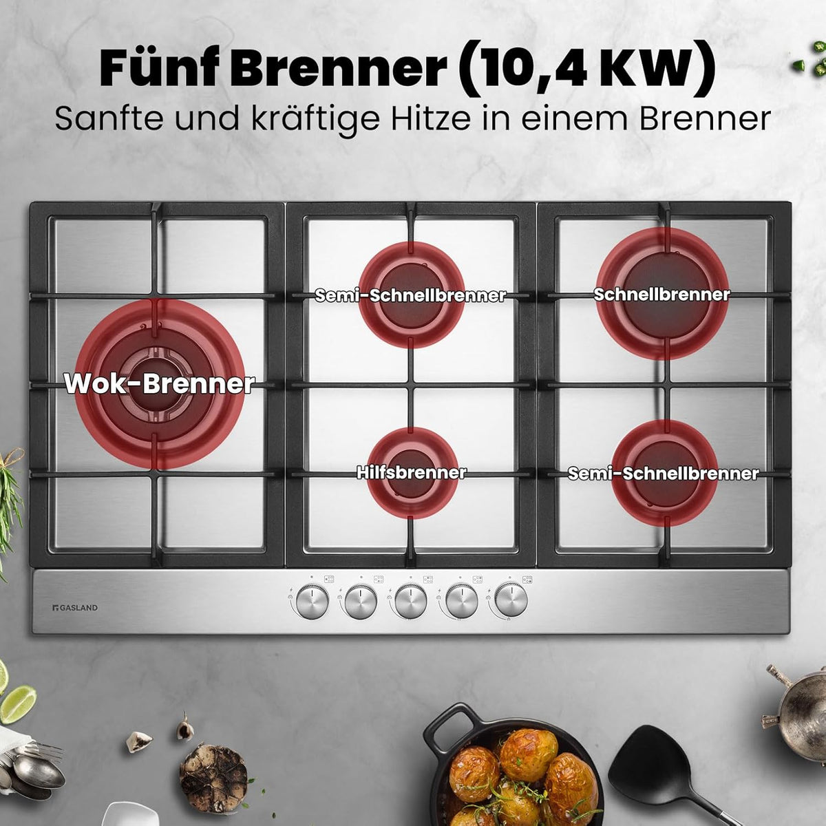Gaskookplaat – Gasfornuis – Inbouwkookplaat – Gasplaat – Zelfvoorzienend – 87 cm Roestvrij Staal – 5 Vlammen Met Wokbrander 10400 Watt
