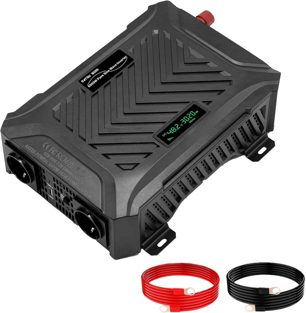 DATOUBOSS Universele spanningsomvormer 48 V/60 V/72 V naar 230 V 3000 W, zuivere sinus 6000 W piekvermogen, met instelbare ingangsspanning, lcd-display, 2 EU stopcontact