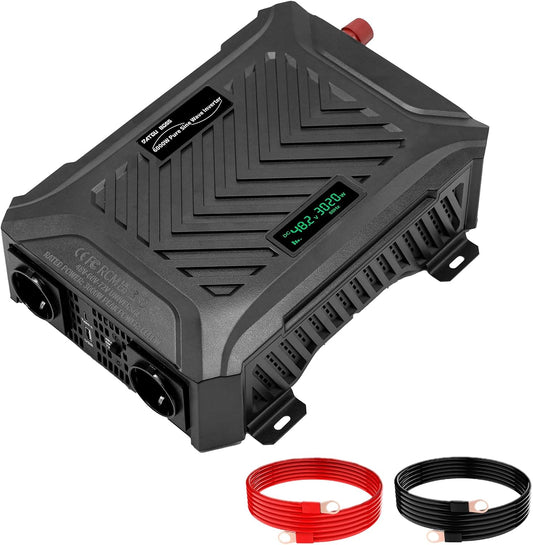 DATOUBOSS Universele spanningsomvormer 48 V/60 V/72 V naar 230 V 3000 W, zuivere sinus 6000 W piekvermogen, met instelbare ingangsspanning, lcd-display, 2 EU stopcontact