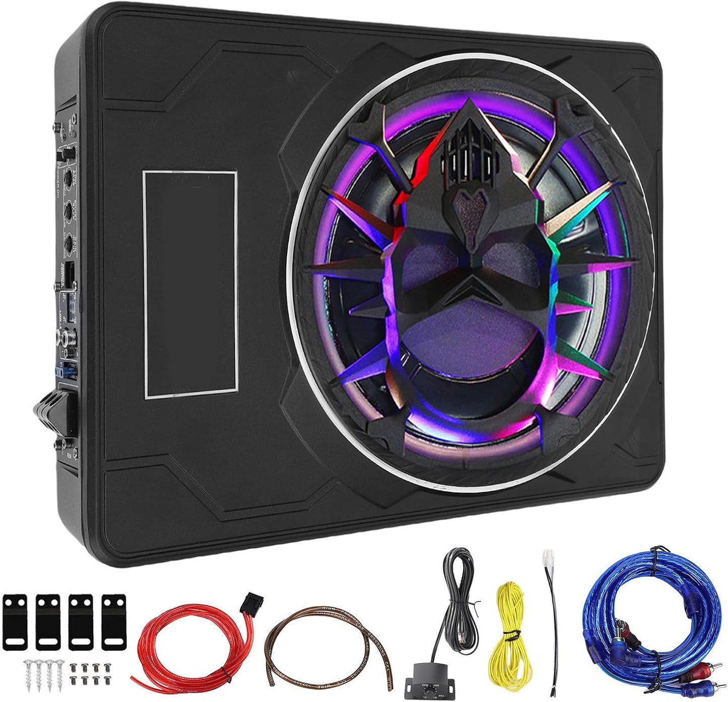 Actieve subwoofer, 25,4 cm (10 inch), ultradun, onder de zitting, 800 W, piek, 220 W RMS, actieve basmodule, geïntegreerde versterker, instelbaar, Low Pass Gain Bass Boost, kleurrijk ledlicht