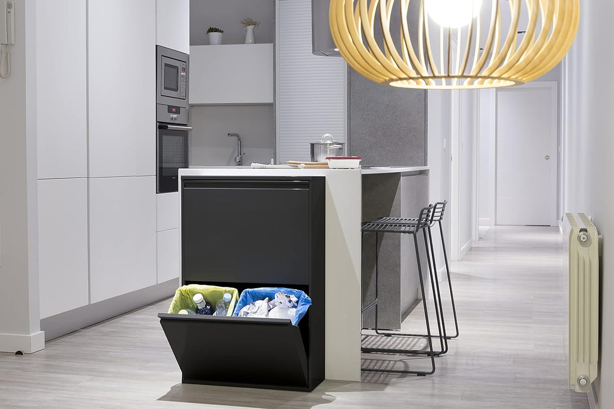ARREGUI Basic CR606-B Recycling Container | Steel Waste Container | 4 Compartments 4x17 L (68 L) | Multifunctional Recycle Bin for Waste Separation | Waste Bin for Kitchen, Home or Office | Black - QUORE