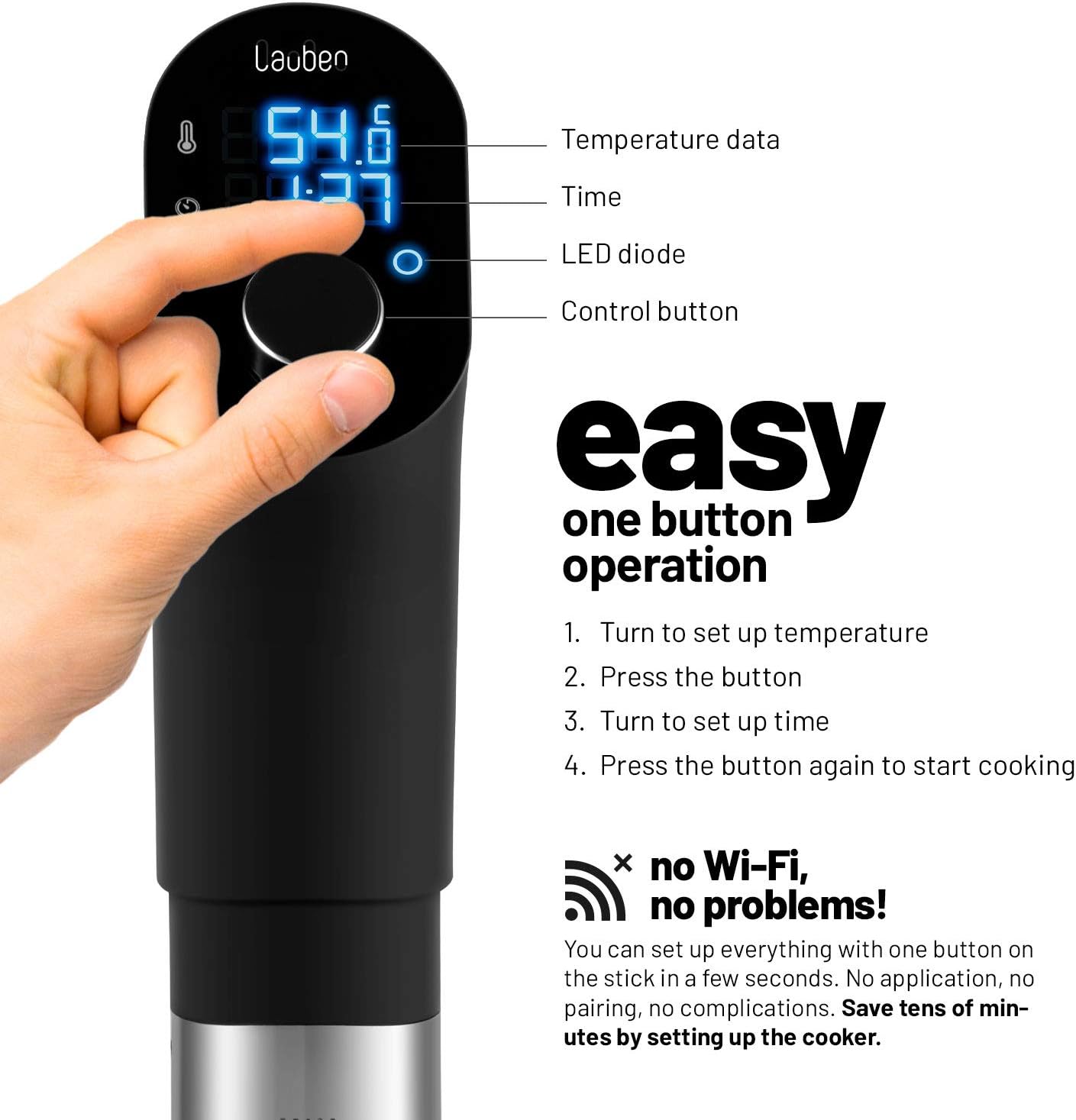 Lauben Sous Vide Stick SV01 Precisiekooktoestel, 1200 W, professionele vacuüm-dompelthermostaat voor thuis