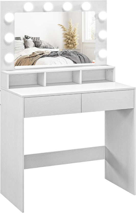 HOMCOM LED Makeup Table, Dressing Table with Mirror, Adjustable Brightness, Dressing Table with 2 Drawers, Open Shelves, for Bedroom, White - QUORE