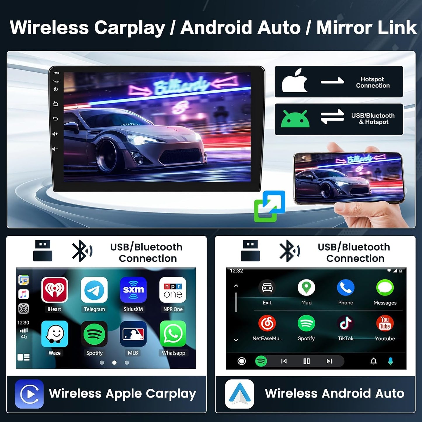 Android Radio – Autoradio – Multimedia Systeem – Navigatiesysteem – Touchscreen Radio – 9 Inch HD Scherm – Draadloze CarPlay & Android Auto – AHD Achteruitrijcamera & GPS Navigatie