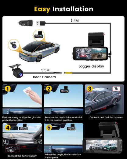 Hikity 4K Doppia Dashcam, 4K + 2K UHD telecamera per auto dashcam auto 3.16" Con Grandangolo di 150° G-sensor Visione Notturna ADAS/BSD Monitor di Parcheggio Registrazione in Loop 64G TF-kaart