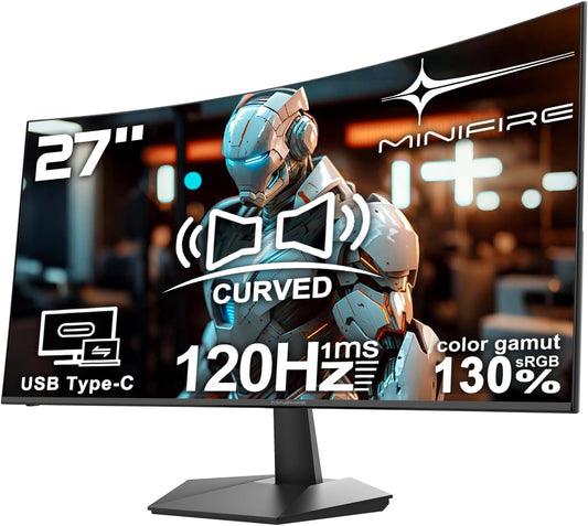 Minifire 27 inch 100 Hz gebogen monitor, USB Type-C-poort, ingebouwde luidspreker, oogverzorging voor bedrijven/kantoor, FHD 1080P pc-scherm, 100 x 100 mm VESA, flikkervrij, laagblauwe modus