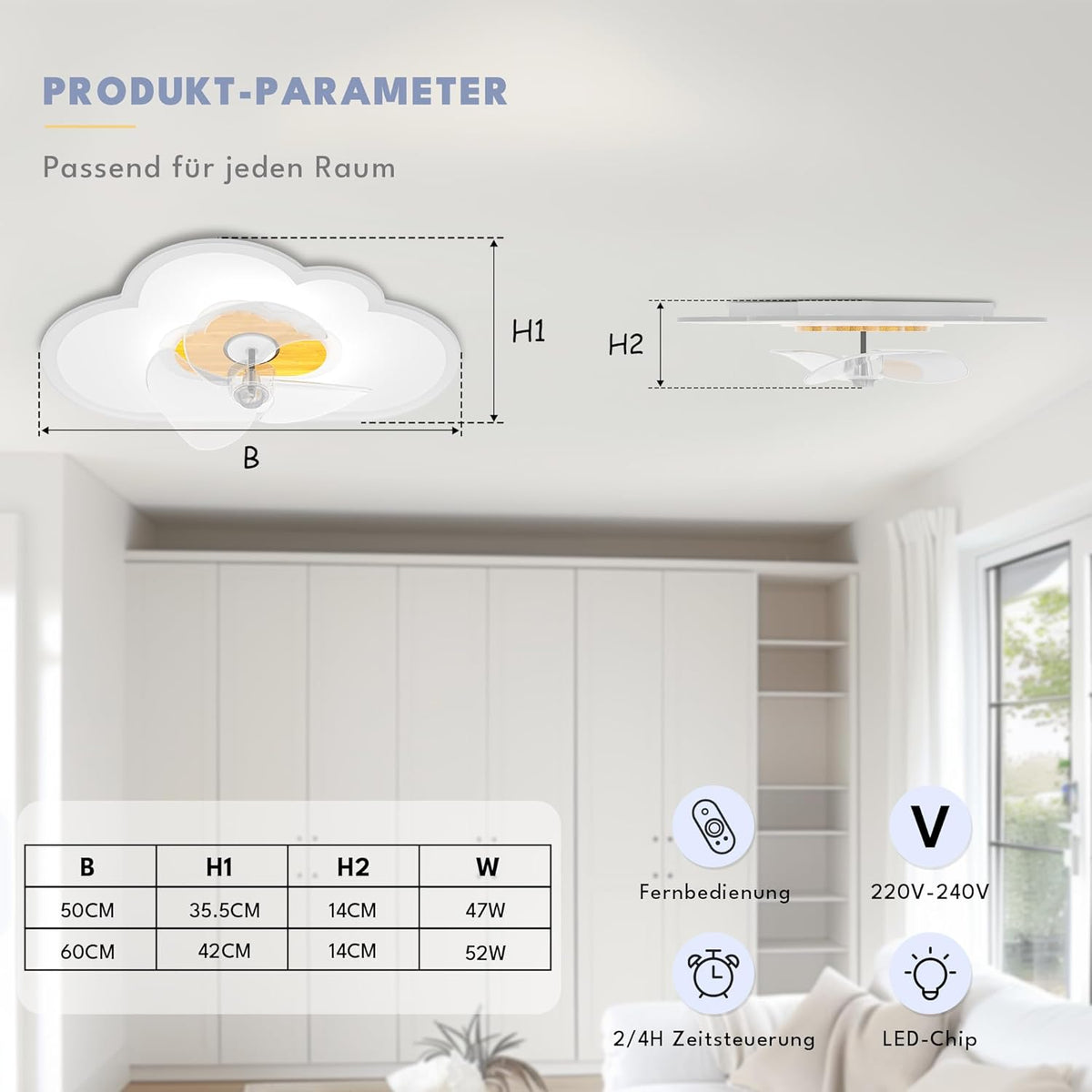 Plafondventilator met verlichting Dimbaar Wolke Ventilator Plafondlamp Houten LED Plafondventilator met afstandsbediening 52W 6 Wind Modern plafondventilatorlicht voor woonkamer slaapkamer,60CM
