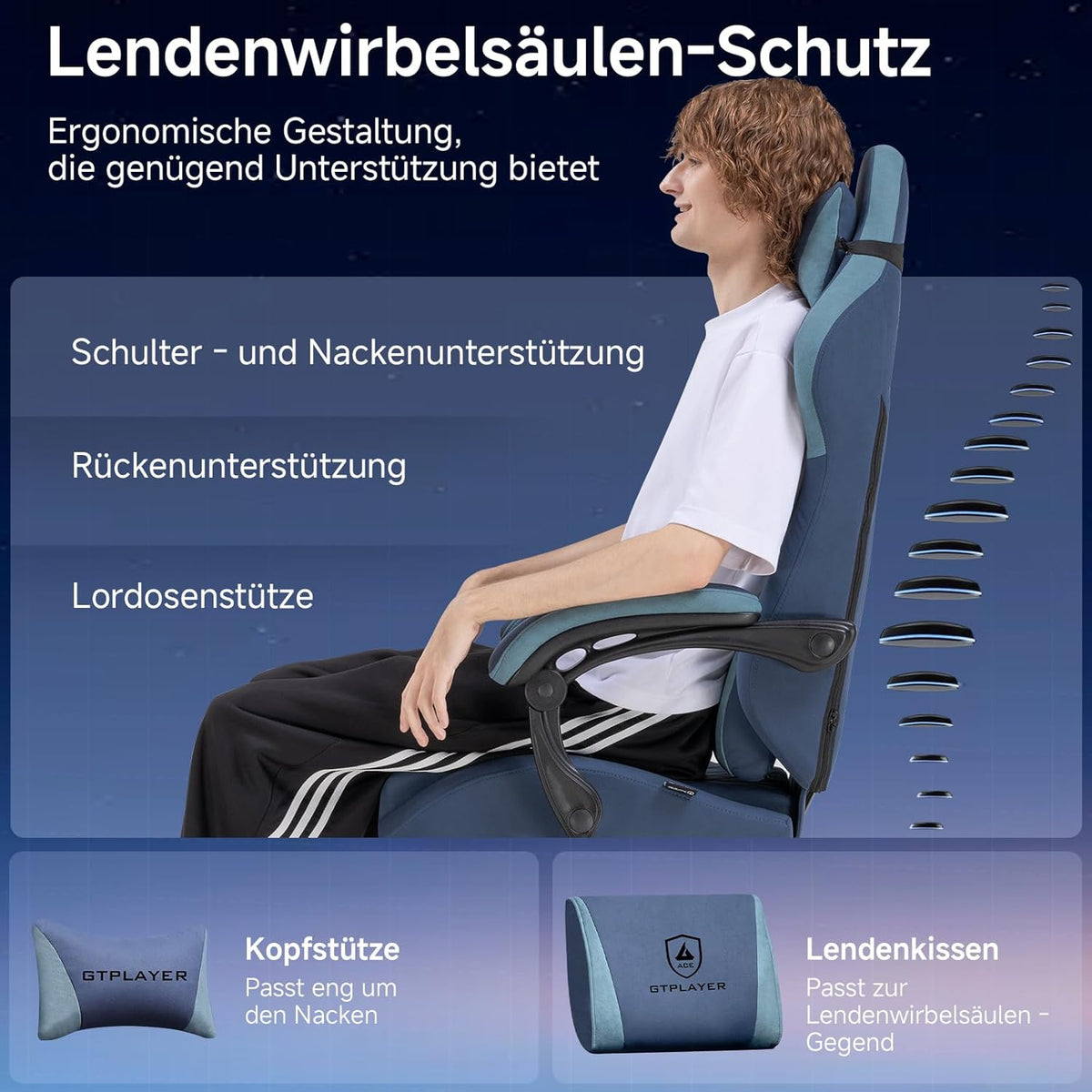 GTPLAYER Gaming Chair, Ergonomic Gamer Chair Made of Faux Leather Fabric with Lumbar Support, PC Chair with Widened Backrest, Maximum Load 150 kg, Dark Blue - QUORE