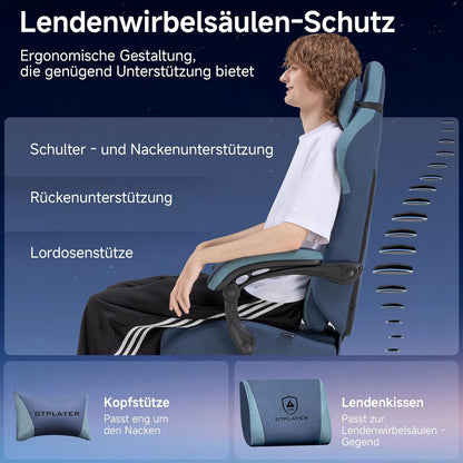 GTPLAYER Gaming Chair, Ergonomic Gamer Chair Made of Faux Leather Fabric with Lumbar Support, PC Chair with Widened Backrest, Maximum Load 150 kg, Dark Blue - QUORE
