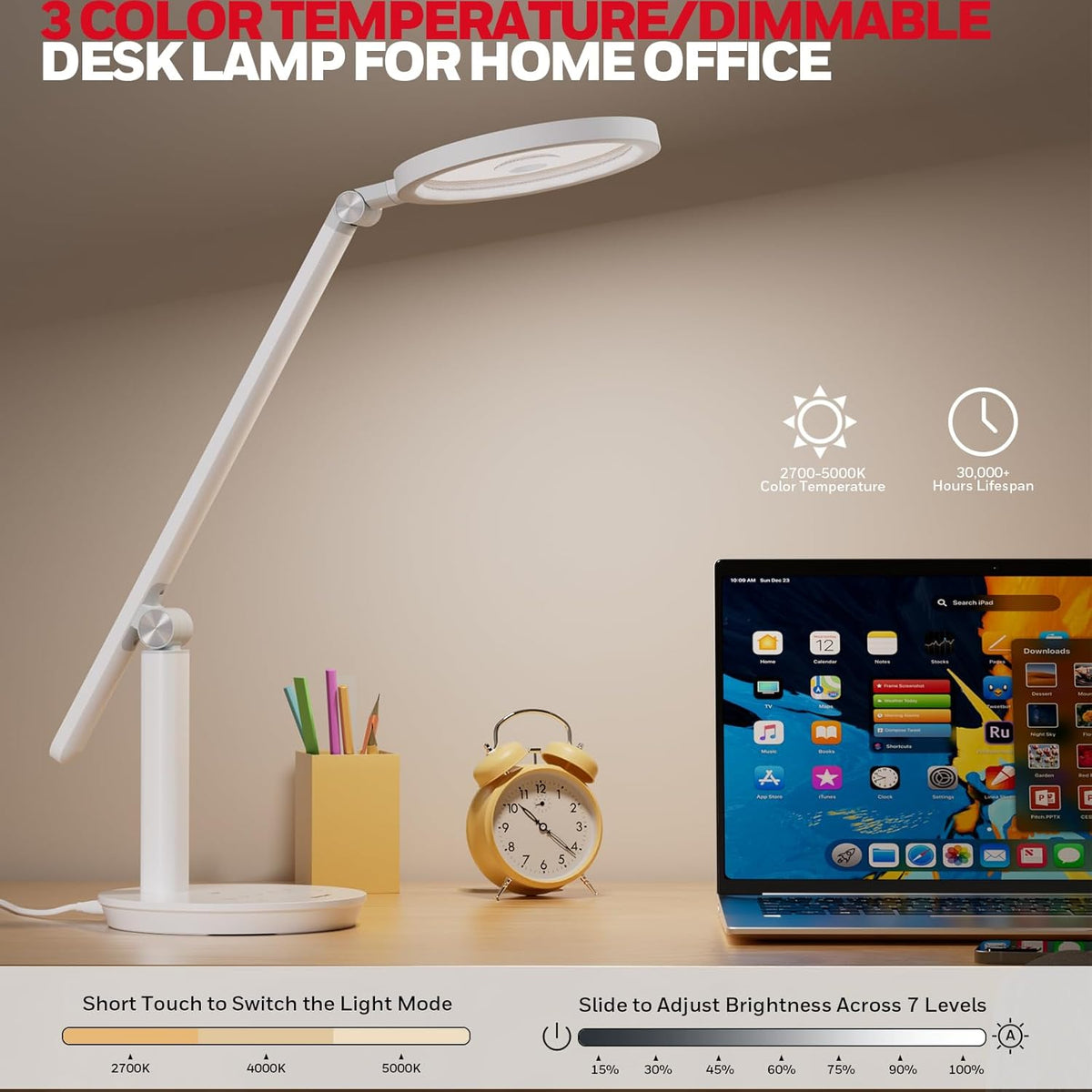 Honeywell Desk Lamp for Home Office, H6 Sunturalux Eye-Caring Led Desk Light, 800LM Dimmable Desk Lamp with Timer, Touch Control Tall Desk Reading Light, Table Lamp for Circle Webcam, Study, Bedroom