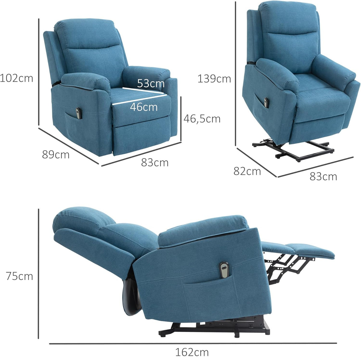 Elektrische Opstastoel – Relaxstoel – Tv-Stoel – Opstahulp Stoel – Seniorenstoel – Verstelbare Rugleuning Tot 160° – Ademend Linnenbekleding – Blauw