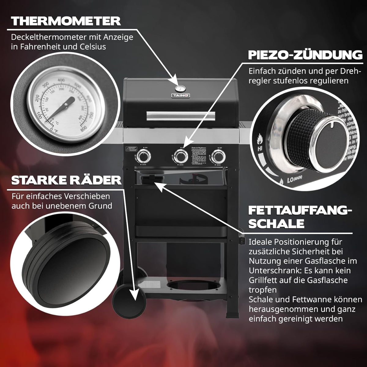 TAINO WABAYA 3+0 Gas Grill Trolley 2 Burners Ceramic Skewer Piezo Ignition Thermometer Warming Rack Matt Black - QUORE