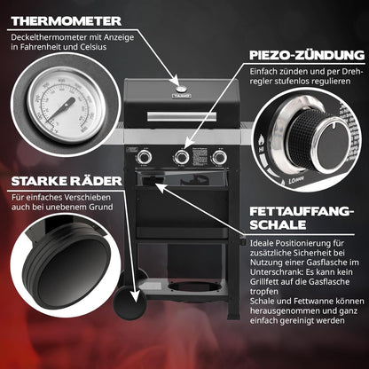 TAINO WABAYA 3+0 Gas Grill Trolley 2 Burners Ceramic Skewer Piezo Ignition Thermometer Warming Rack Matt Black - QUORE
