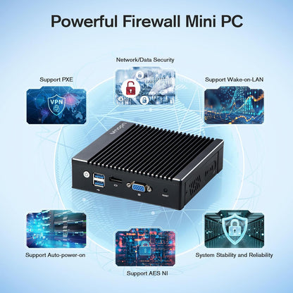 Firewall Mini PC – Micro Firewall Appliance – Netwerkbeveiliging Router – Fanless Mini PC – Embedded Security Device – Intel N3700 4 Cores – 6x Intel 2.5GbE Poorten, Stille Koeling