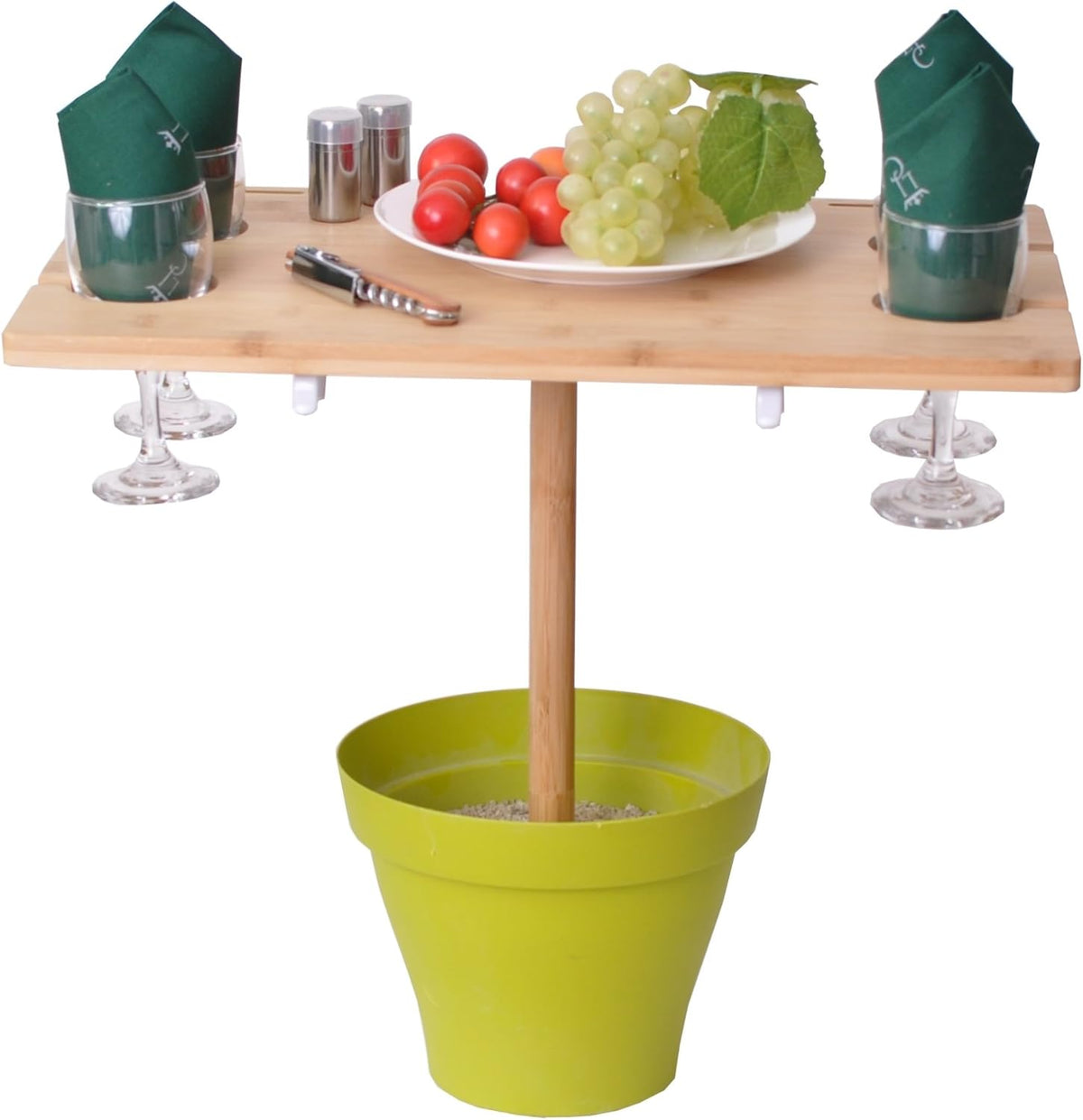 Les Jardins de la Comtesse - Groene Picknickmand Saint-Honoré - Lederen riemen - 4 personen - Met opvouwbare tafel in bamboe - Porseleinen borden en glazen wijnglazen - 45 x 28 x 28 cm
