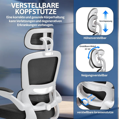 TRALT Bureaustoel Ergonomisch - Bureaustoel met Verstelbare Lendensteun Hoofdsteun Gaming Stoel - Office Chair - Bureaustoel Thuiskantoor Stoel Ergonomisch 150kg voor Grote Mensen Wit-Zwart