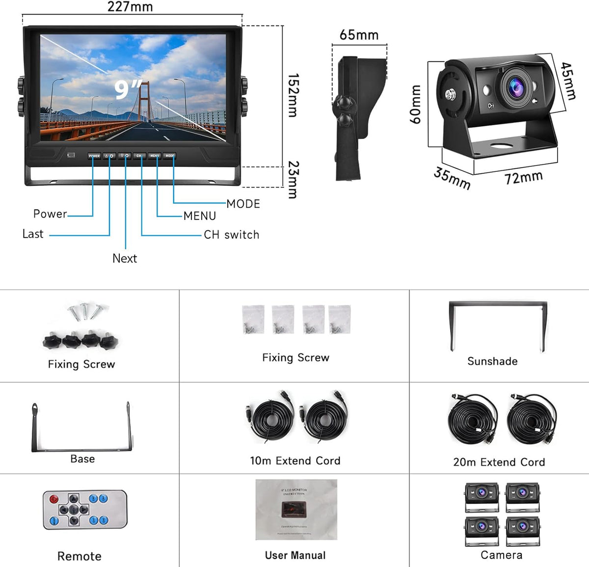 Hodozzy Achteruitrijcamera met 9 inch 4 gedeelde monitor, 4 camera's AHD nachtzicht IP68 waterdicht, voor achter camera met kabel 2 x 10 m en 2 x 20 m, 12 V 24 V