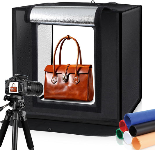 PULUZ Studio Fotobox, opvouwbaar, 60 x 60 x 60 cm, led, 5500 K, mini-fototent, draagbaar, met 3 achtergronden, wit, zwart, oranje, 36 W, EU-stekker