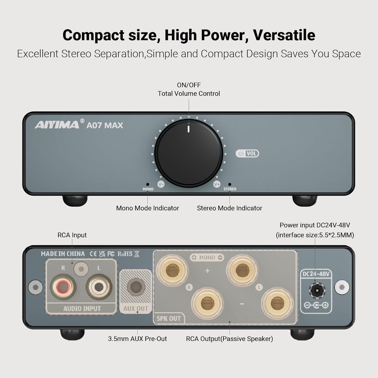 AIYIMA A07 MAX 2 CH HiFi-versterker 300Wx2 TPA3255 mini Klasse D eindversterker Overbrugbare mono stereo desktopversterker 600 Watt met 3,5 mm uitgang Geïntegreerde versterker
