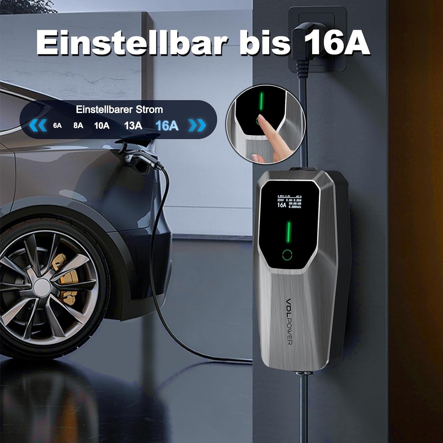 Elektrische autooplader, 11 kW EV oplader type 2, kabel type 2 Schuko, instelbare stroom [3-fase] [6-16 A], oplaadkabel 5 m, IP65 waterdicht, instelbare oplaadtijd [30 min-5 uur]