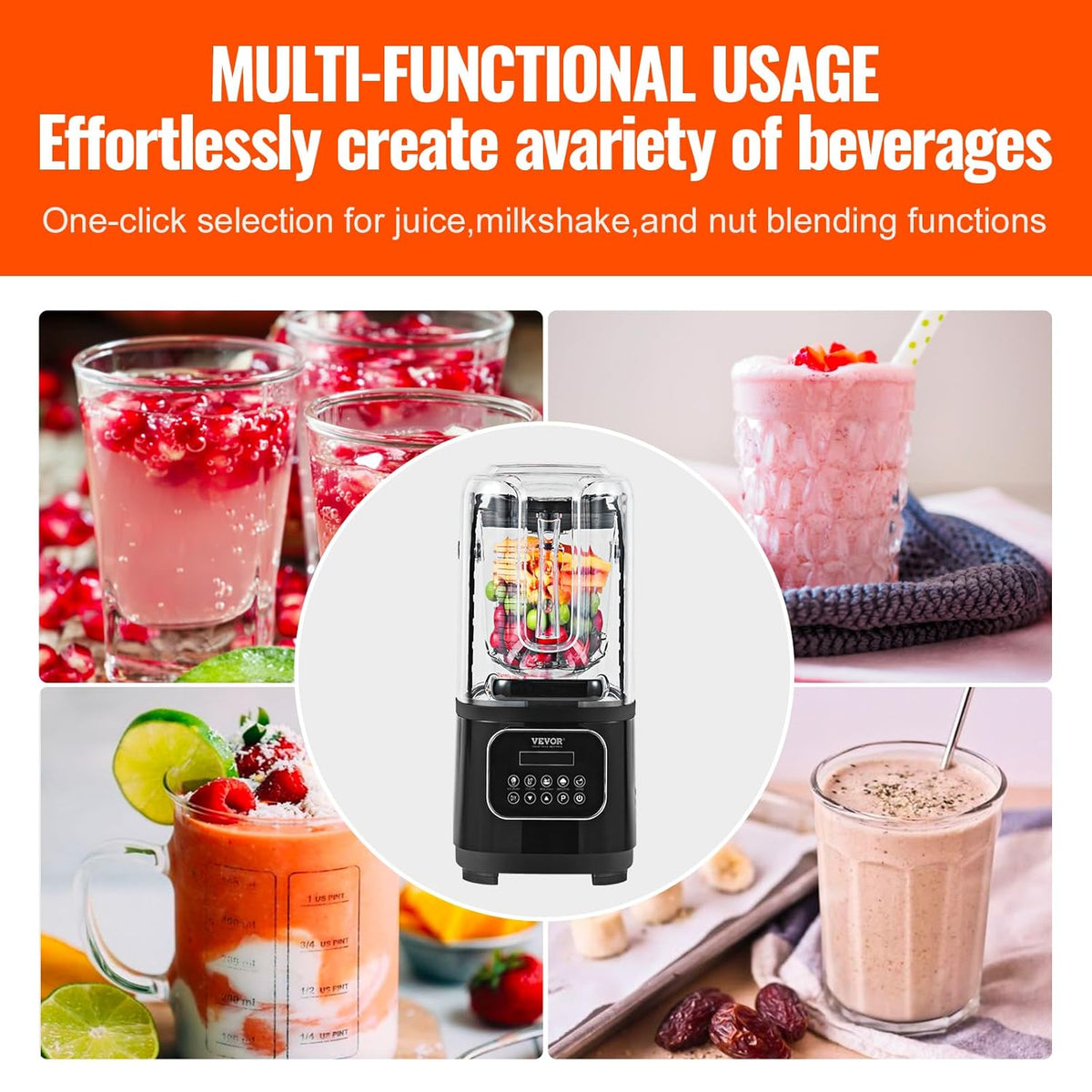 VEVOR Professional Blender with Protection Combined with 2L Glass Jug, Stainless Steel, 9 Speed and 5 Functions, for Smoothies, Black, 280 x 240 x 505 mm