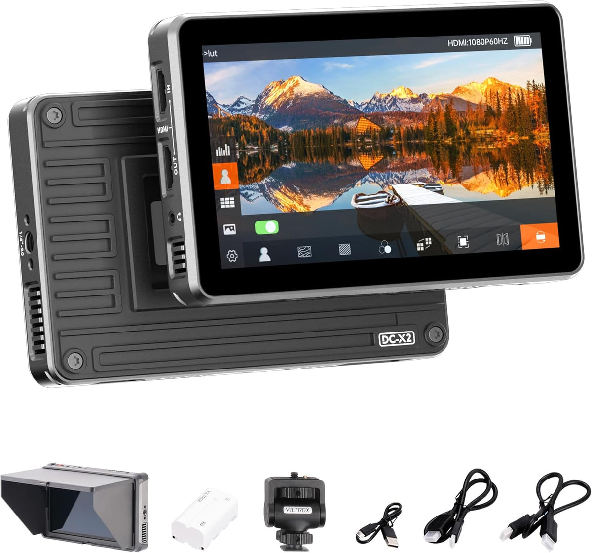 VILTROX DC-X2 Camera Field Monitor 2000 Nits Hoge Helderheid Touchscreen 6 Inch DSLR Camera Monitor met 1920x1080 IPS 4K HDMI Loop in/Out 3D LUTs Waveform Video Peaking Focus Assist Batterij,Zonnekap
