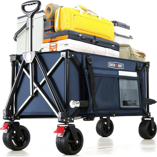 Overmont Opvouwbare bolderkar voor alle terreinen, 8,1 cm brede wielen, 150 liter grote inhoud met zijzakken, bekerhouder, verstelbare handgreep, tot 150 kg draagkracht, voor camping, sport, winkelen
