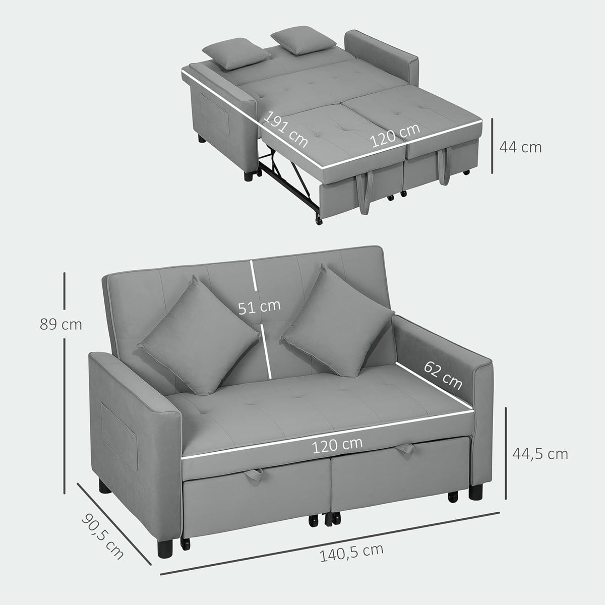 HOMCOM Schlafsofa, 2-Sitzer Sofa mit Schlaffunktion, Verstellbare Rückenlehne, Couch mit Kissen, Samtoptik, L-förmig Schlafcouch mit Bettkasten Rollen für Wohnzimmer, Gästezimmer, Grau - QUORE