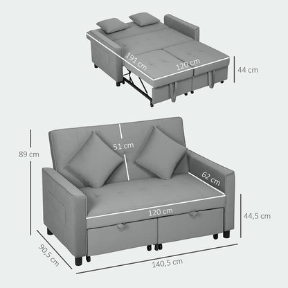 HOMCOM Schlafsofa, 2-Sitzer Sofa mit Schlaffunktion, Verstellbare Rückenlehne, Couch mit Kissen, Samtoptik, L-förmig Schlafcouch mit Bettkasten Rollen für Wohnzimmer, Gästezimmer, Grau - QUORE