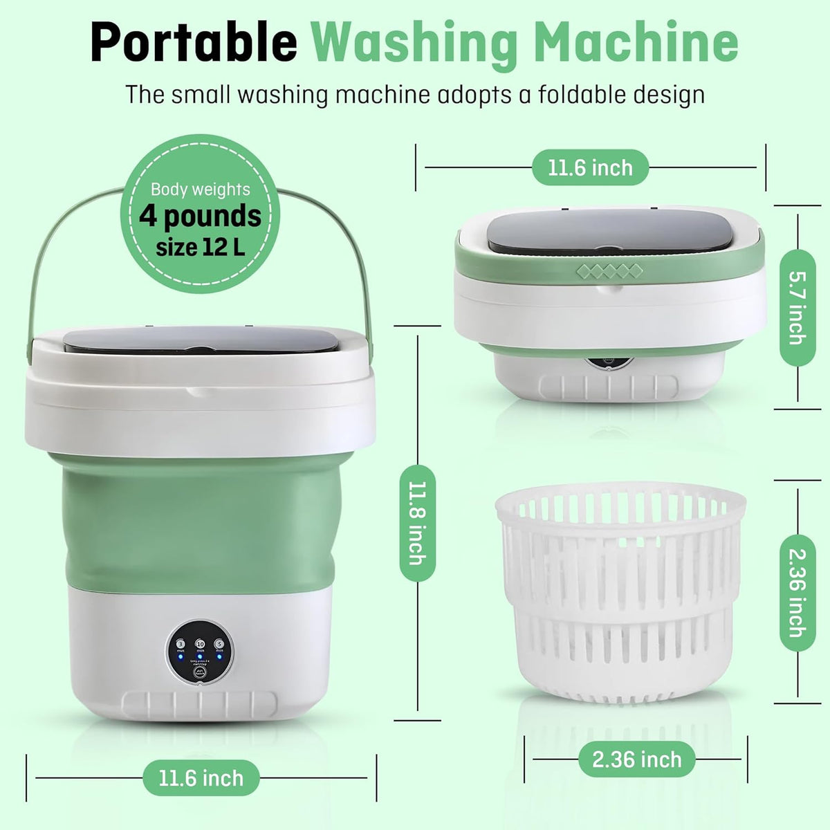 Draagbare Miniwasmachine, Hoogste Lading, Groen, 12L, Hoog rendement - QUORE