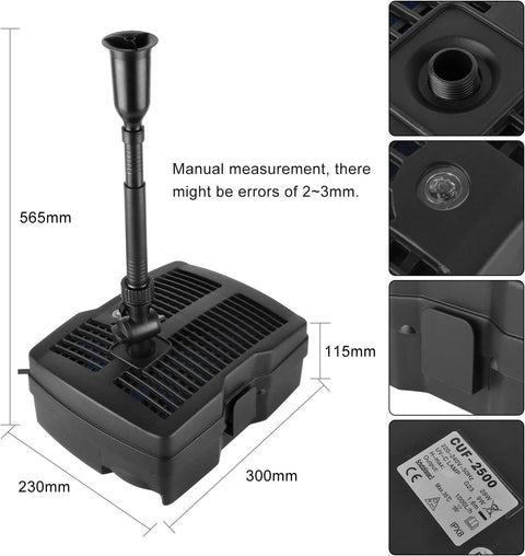 4 in 1- Vijverpomp - Fontein - Waterpomp - Fonteinpomp - voor Tuinornament - Fontein Ontwerp - met Filter - 9W - UV-zuiveringsfilter - 2500L Capaciteit - 1000 l/h - 28 W - 1.6m Hefhoogte - 220-240V - 50 Hz - 30 x 23 x 56.5 cm - Zwart