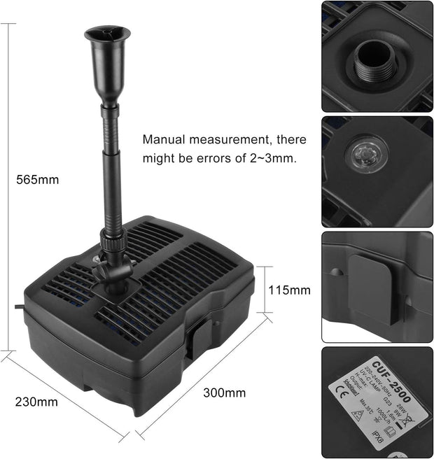 4 in 1- Vijverpomp - Fontein - Waterpomp - Fonteinpomp - voor Tuinornament - Fontein Ontwerp - met Filter - 9W - UV-zuiveringsfilter - 2500L Capaciteit - 1000 l/h - 28 W - 1.6m Hefhoogte - 220-240V - 50 Hz - 30 x 23 x 56.5 cm - Zwart