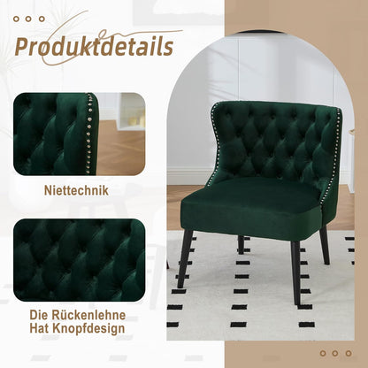 Fluwelen fauteuil, stoel zonder armleuningen met klinknagels, poten van massief hout, voor woonkamer, slaapkamer en kantoor, smaragd, 65 x 61 x 80 cm