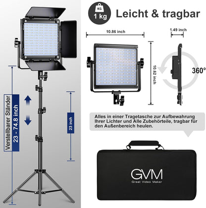 GVM Led-videolamp, paneel met statief, set van 2, 40 W, 800D RGB, fotografie, studiolicht, app-bediening, 3200K-5600K videoconferentielicht, 18 lichteffecten voor studio, fotografie, YouTube streaming