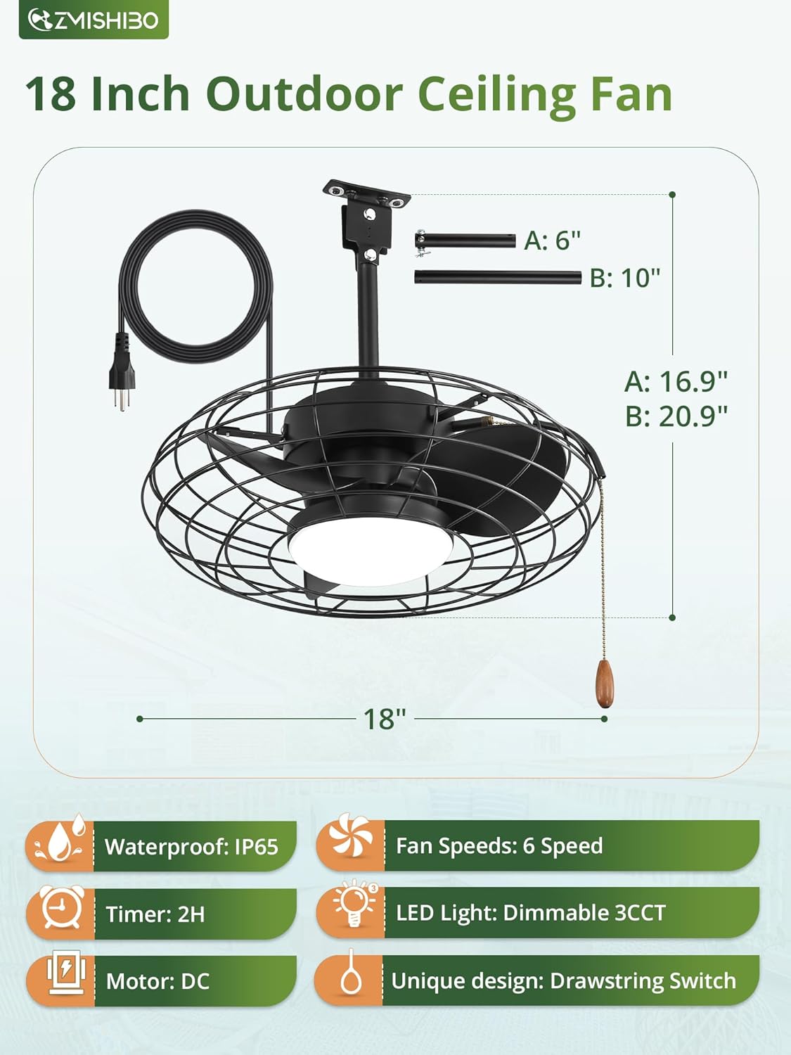 ZMISHIBO Buitenplafondventilator met licht, IP65 waterdicht, kooidesign, afstandsbediening en app-bediening, dimbare led, 3 kleurtemperaturen, voor terras, pergola en paviljoen, 15/25 cm stangen, 5 m