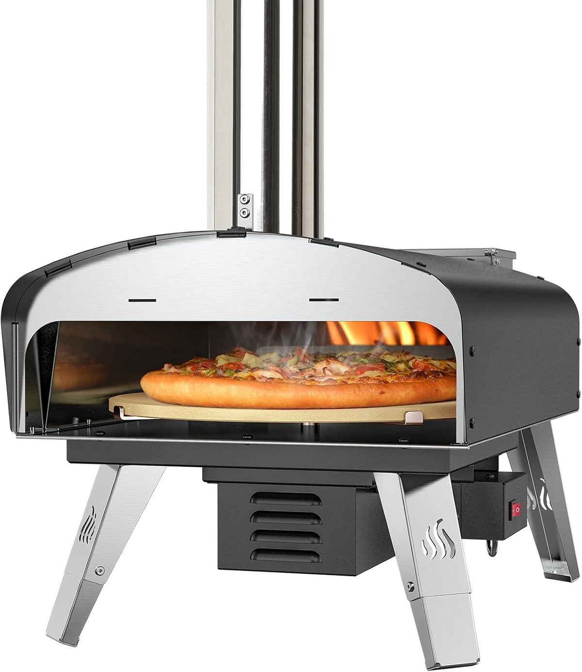 Mimiuo Pizzaoven met schep en pizzasteen, pelletkachel voor pizza met automatisch roterend grillsysteem, zwart (wereldwijd patent)